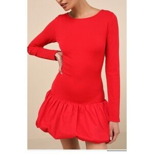 Lulus Red Mini Dress Long Sleeve Ribbed / Bubble Hem Party Cocktail‎ Large (G)